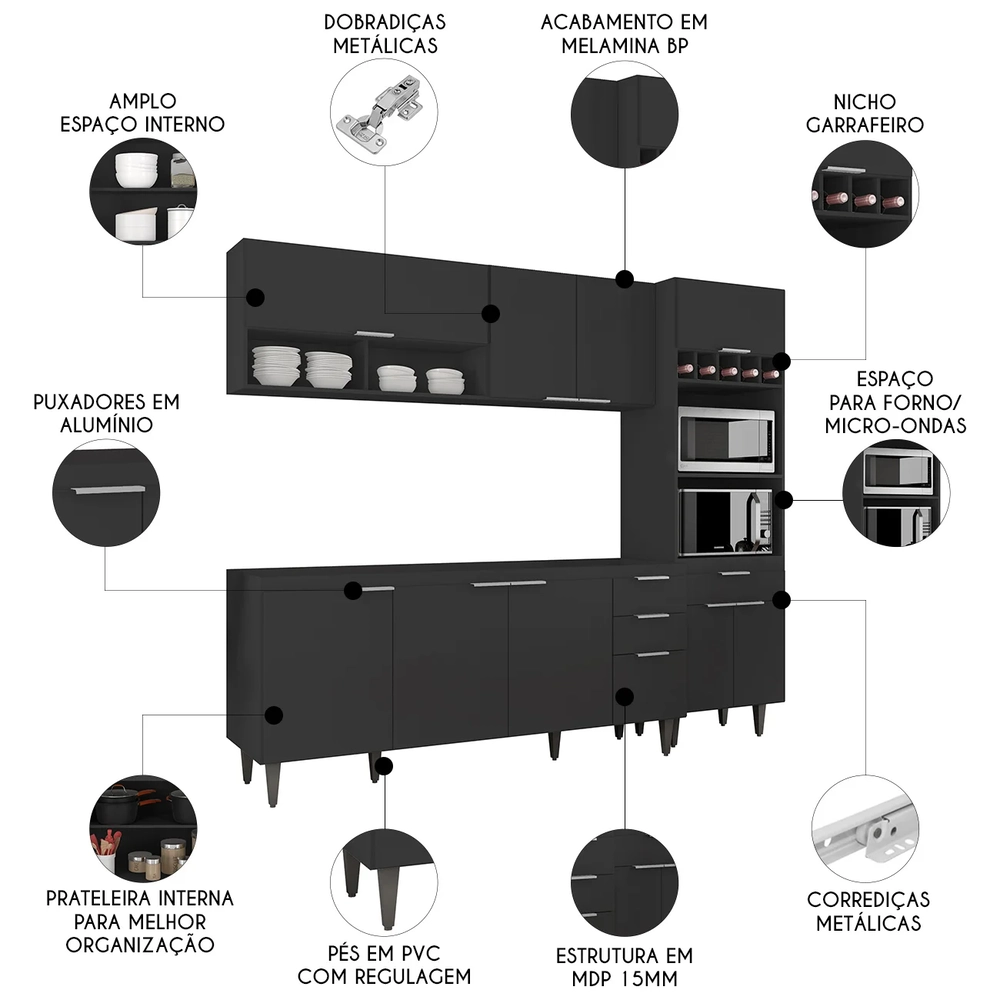 Armário de Cozinha CP02 Para Pia 180cm Pérola Z34 Preto     - Mpozenato