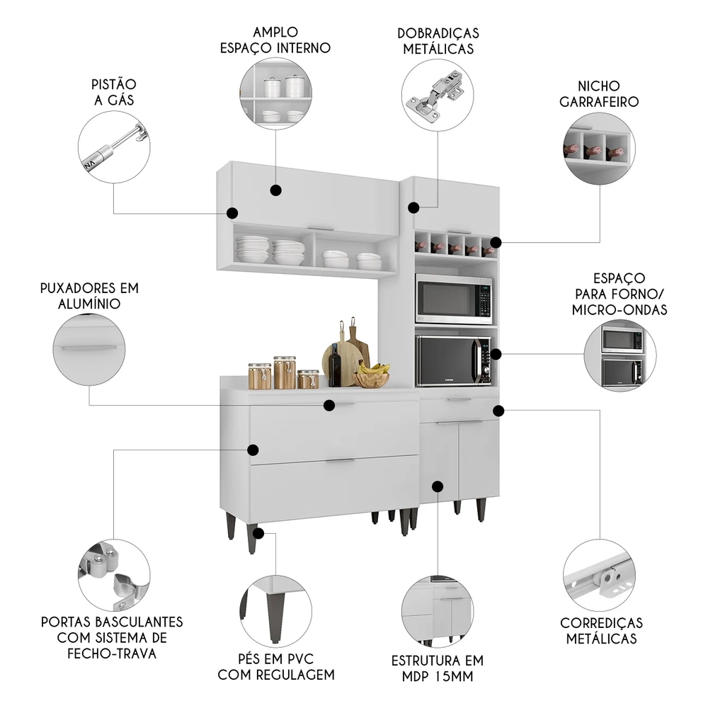 Armário de Cozinha Com Tampo CP02 160cm Pérola Branco Z34     - Mpozenato