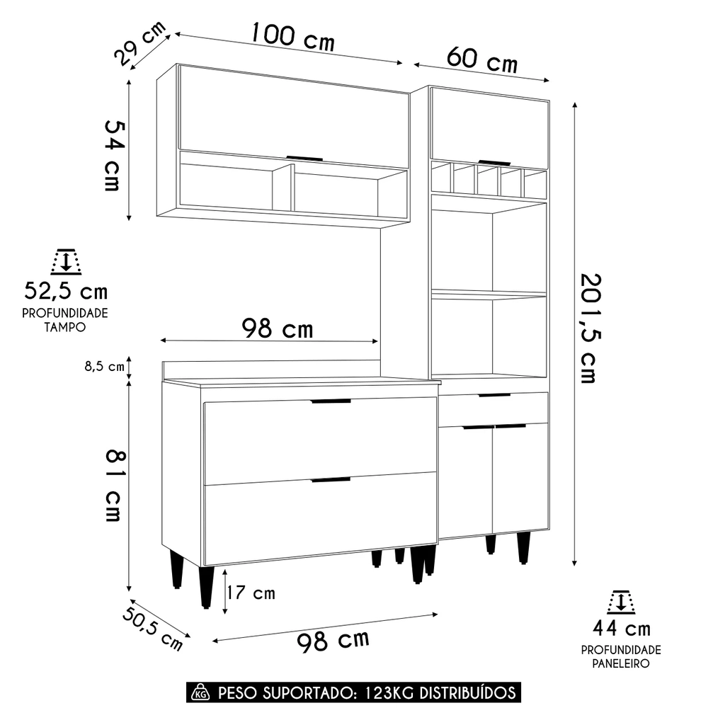 Armário de Cozinha Com Tampo CP02 160cm Pérola Preto Z34      - Mpozenato