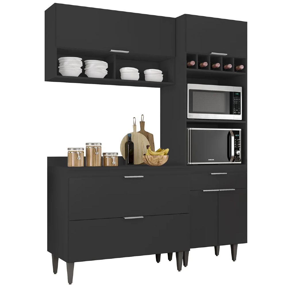 Armário de Cozinha Com Tampo CP02 160cm Pérola Preto Z34 - Mpozenato