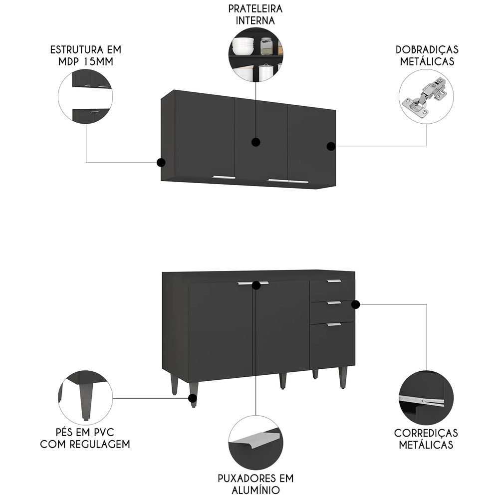 Armário de Cozinha CP01 Para Pia 120cm Pérola Z34 Preto     - Mpozenato