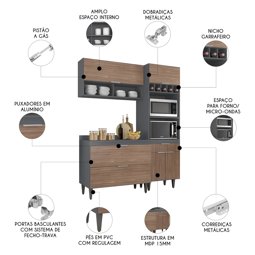 Armário de Cozinha Com Tampo CP02 160cm Pérola Grafite/Freijó Z34 - Mpozenato