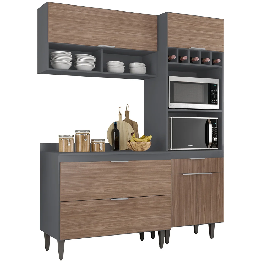 Armário de Cozinha Com Tampo CP02 160cm Pérola Grafite/Freijó Z34 - Mpozenato