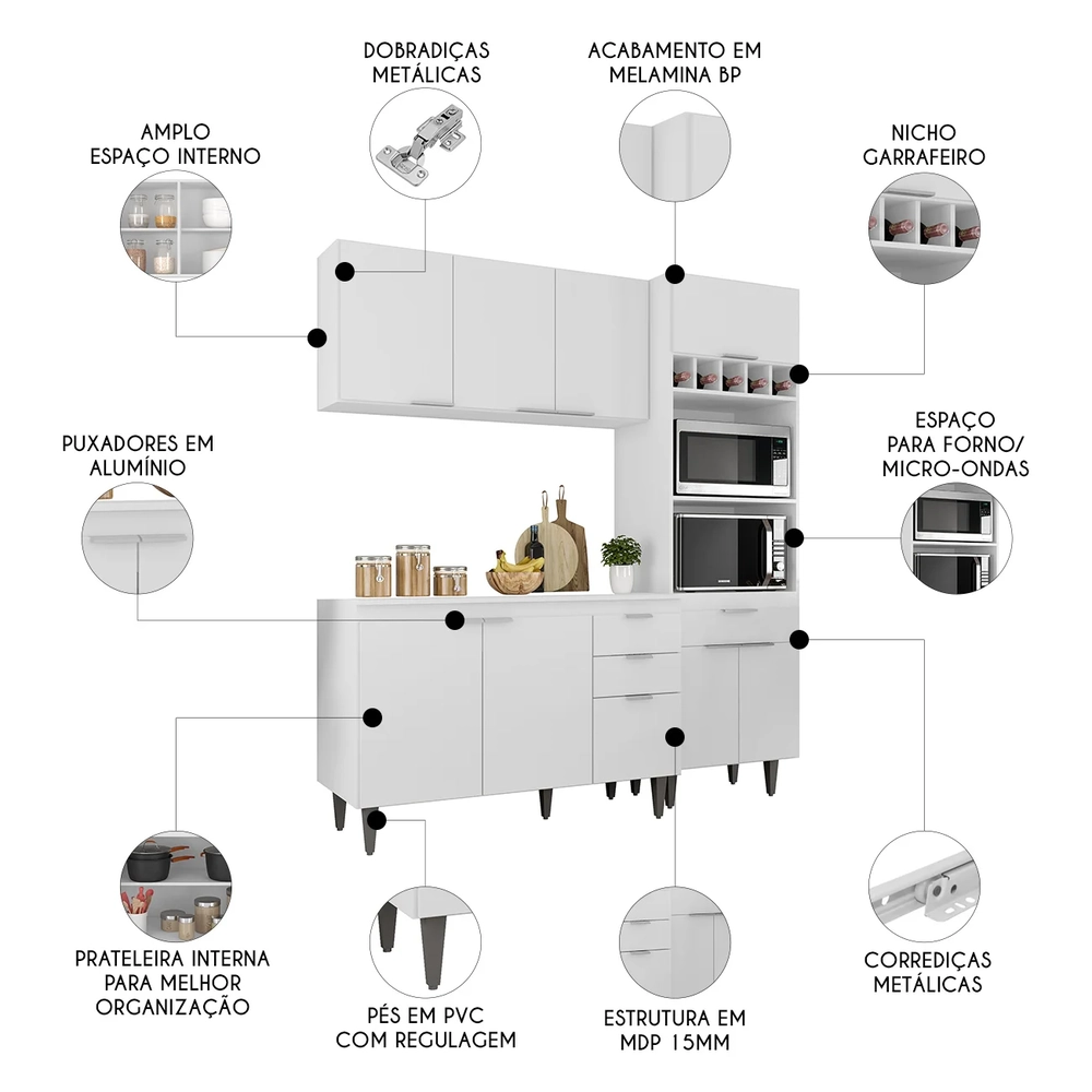 Armário de Cozinha Com Tampo CP02 180cm Pérola Branco Z34     - Mpozenato