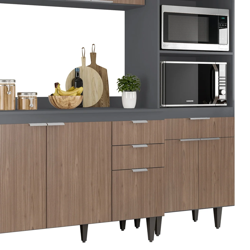 Armário de Cozinha Com Tampo CP02 180cm Pérola Grafite/Freijó Z34 - Mpozenato