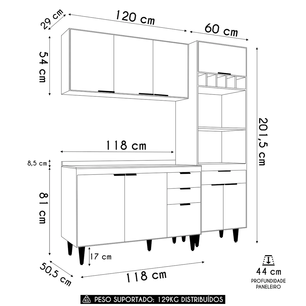 Armário de Cozinha Com Tampo CP02 180cm Pérola Grafite/Freijó Z34 - Mpozenato