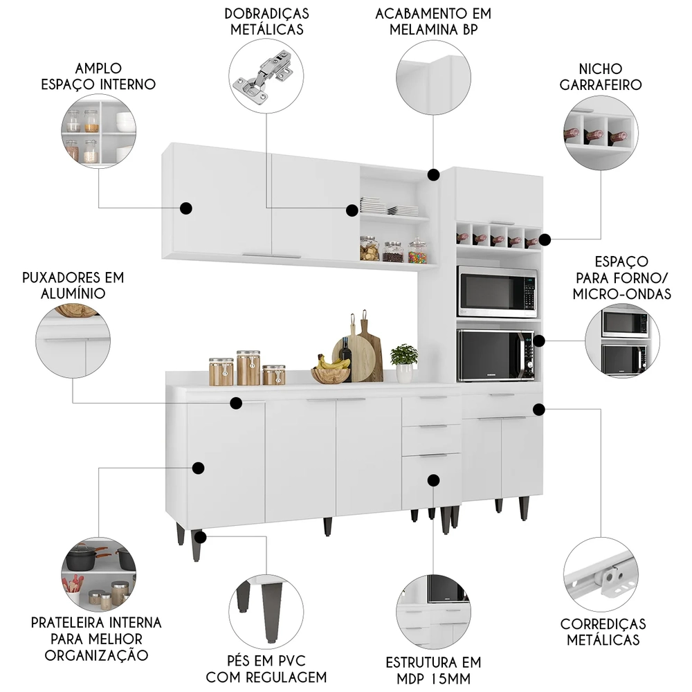 Armário de Cozinha Com Tampo CP02 210cm Pérola Branco Z34     - Mpozenato