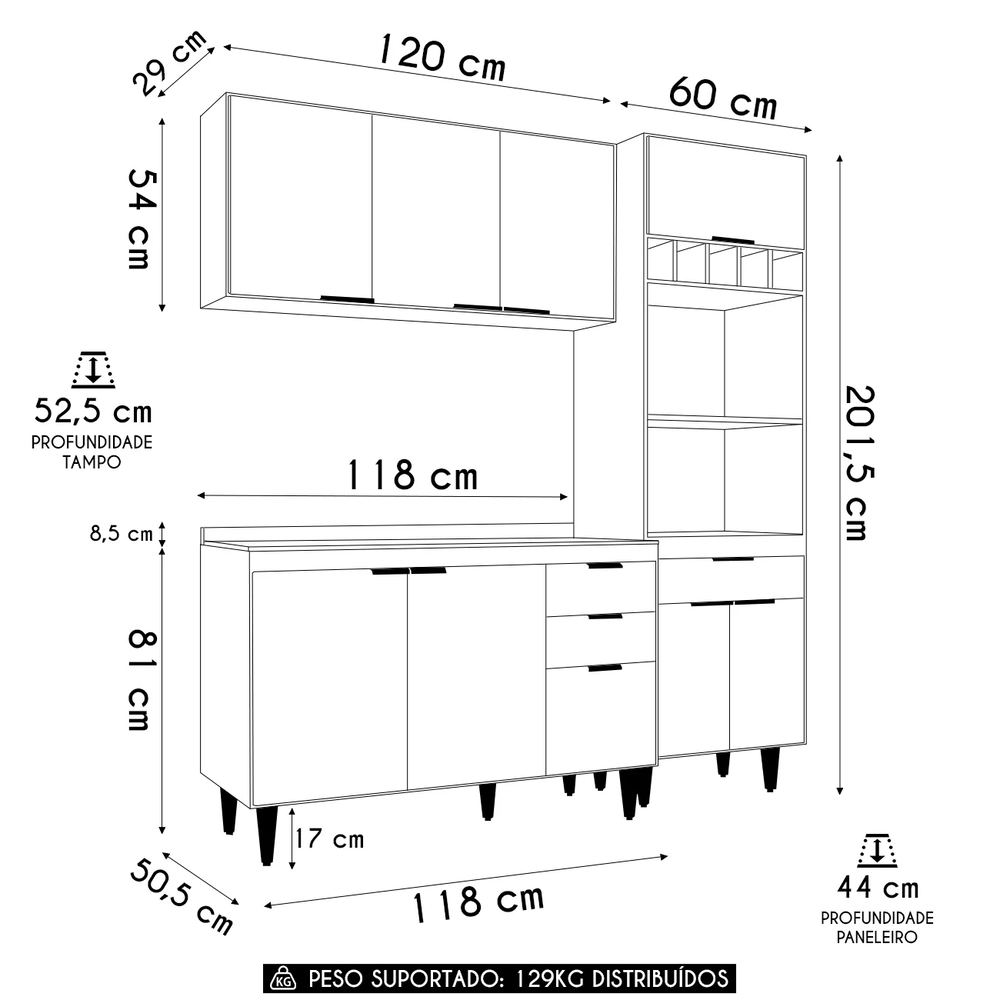 Armário de Cozinha Com Tampo CP02 180cm Pérola Preto Z34      - Mpozenato