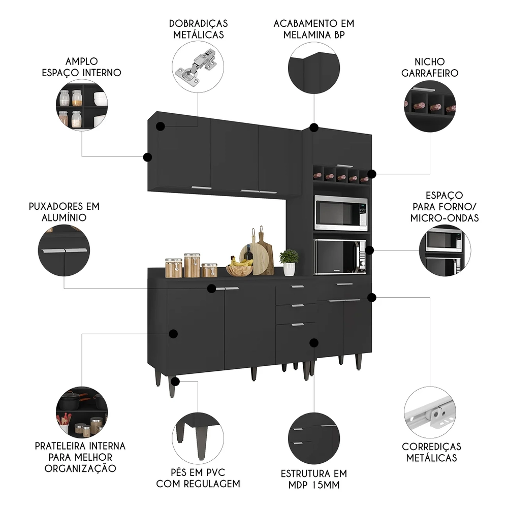 Armário de Cozinha Com Tampo CP02 180cm Pérola Preto Z34      - Mpozenato