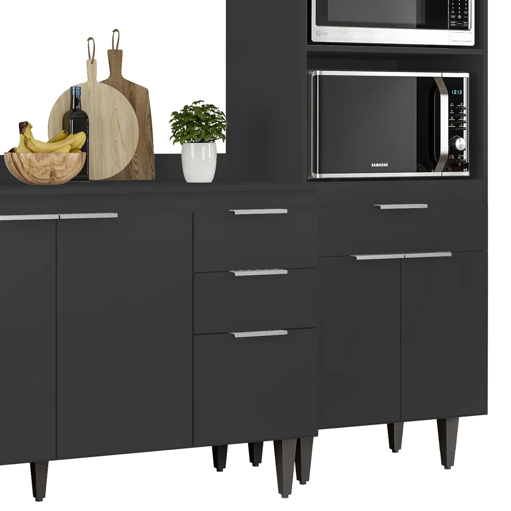 Armário de Cozinha Com Tampo CP02 210cm Pérola Preto Z34      - Mpozenato