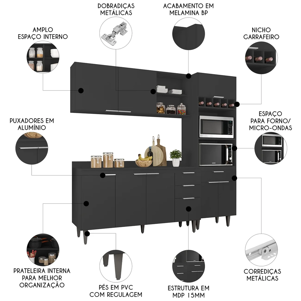 Armário de Cozinha Com Tampo CP02 210cm Pérola Preto Z34      - Mpozenato