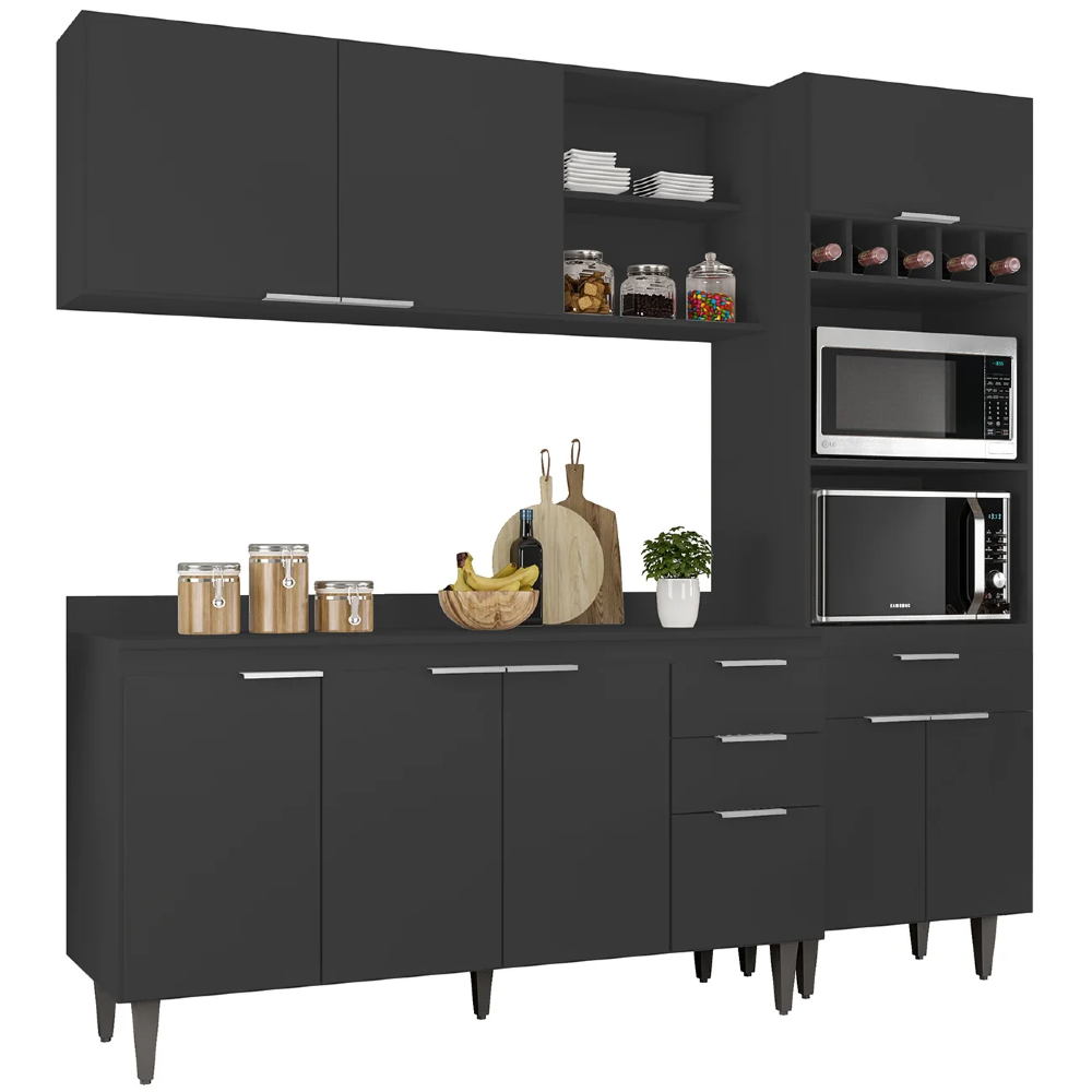 Armário de Cozinha Com Tampo CP02 210cm Pérola Preto Z34 - Mpozenato