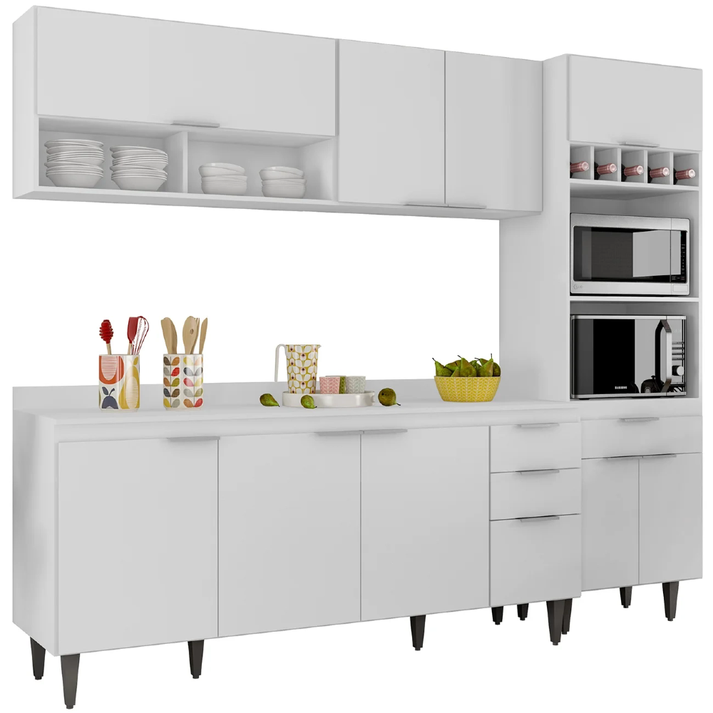 Armário de Cozinha Com Tampo CP02 240cm Pérola Branco Z34 - Mpozenato