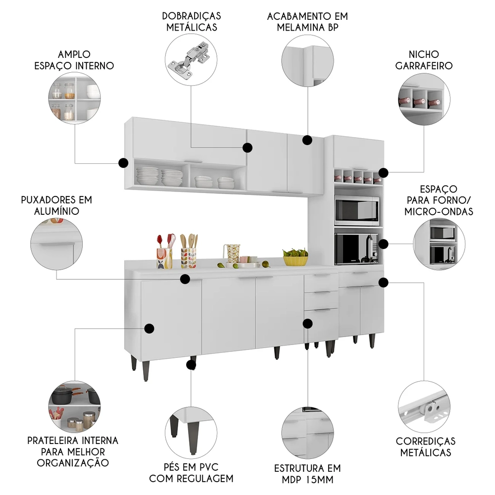 Armário de Cozinha Com Tampo CP02 240cm Pérola Branco Z34     - Mpozenato