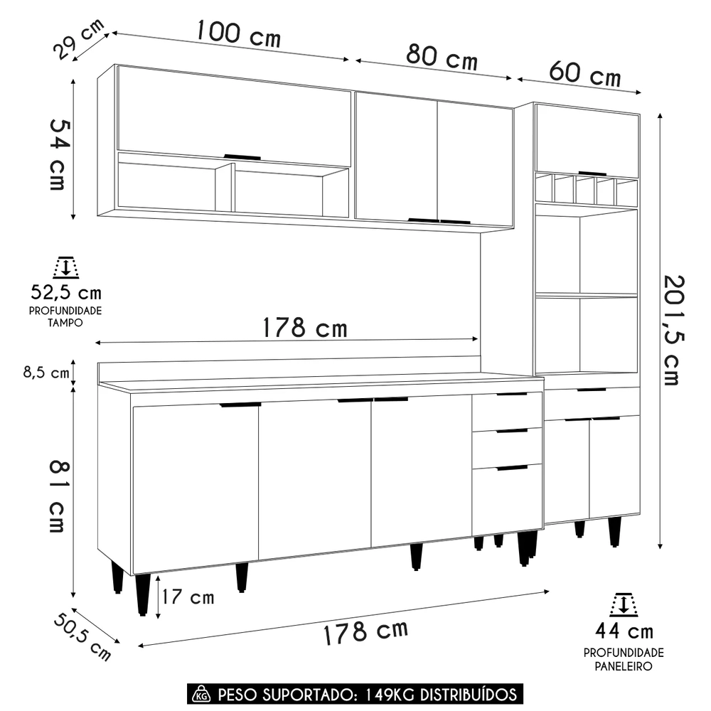Armário de Cozinha Com Tampo CP02 240cm Pérola Branco Z34     - Mpozenato