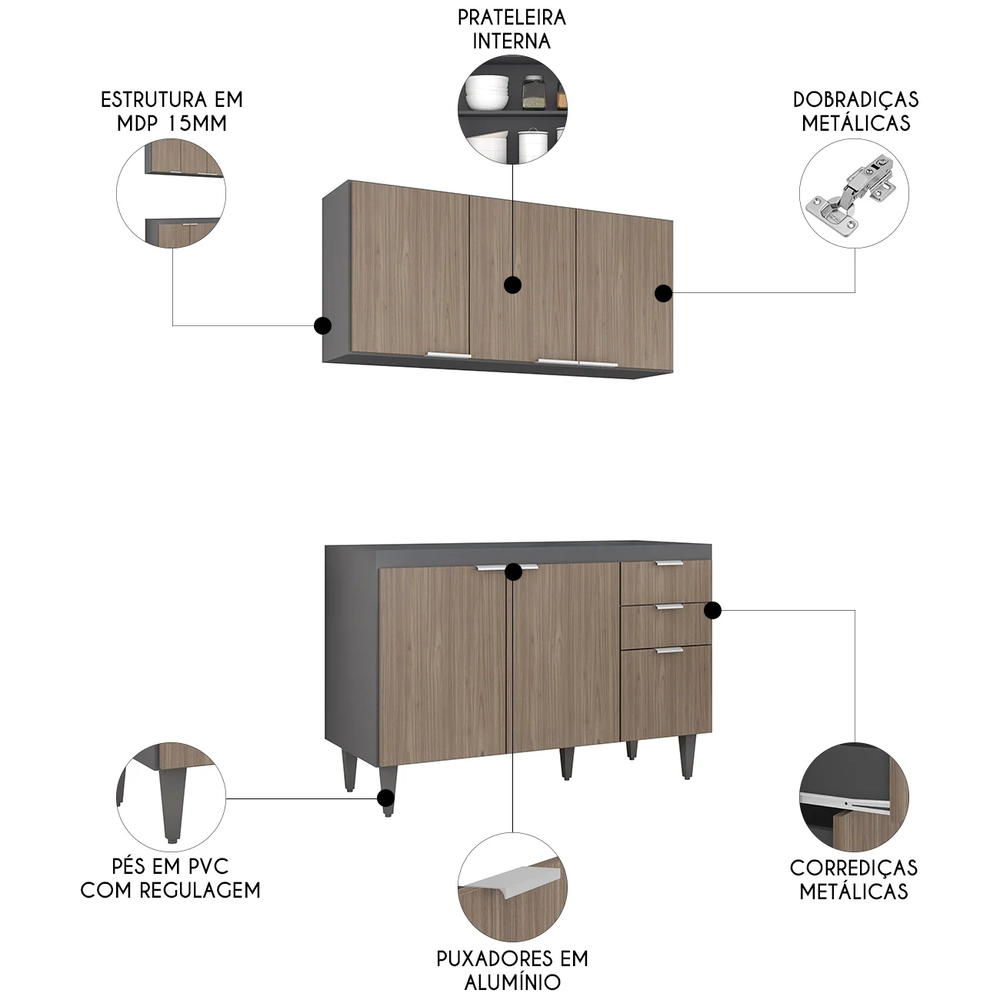 Armário de Cozinha CP01 Para Pia 120cm Pérola Z34 Grafite/Freijó - Mpozenato