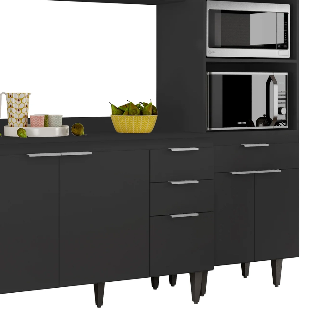 Armário de Cozinha Com Tampo CP02 240cm Pérola Preto Z34      - Mpozenato