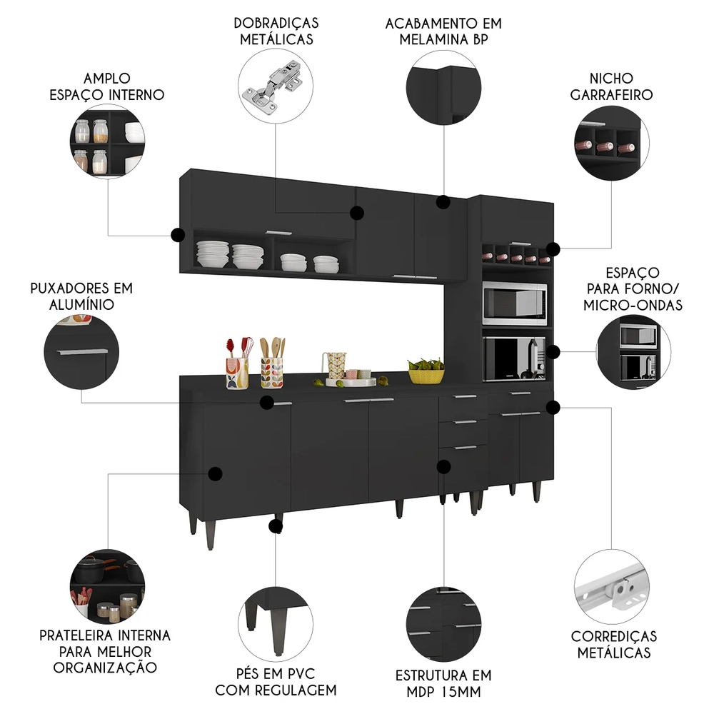 Armário de Cozinha Com Tampo CP02 240cm Pérola Preto Z34      - Mpozenato