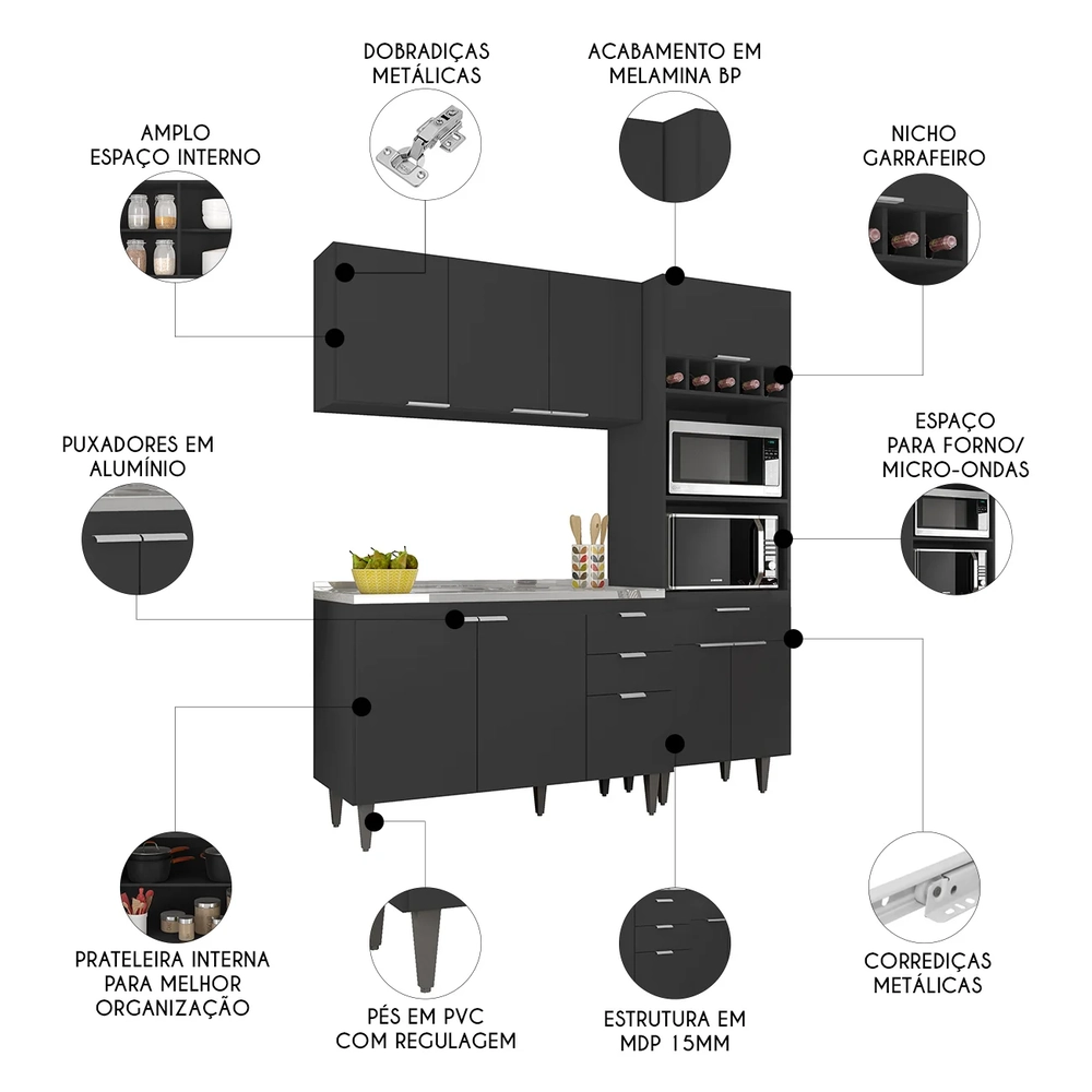 Armário de Cozinha CP02 Com Pia 120cm Pérola Z34 Preto      - Mpozenato