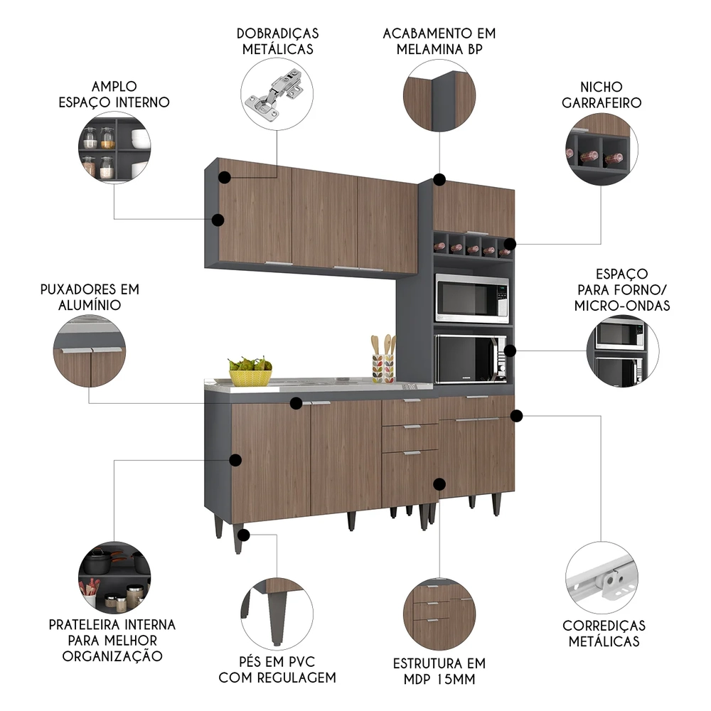 Armário de Cozinha CP02 Com Pia 120cm Pérola Z34 Grafite/Freijó - Mpozenato