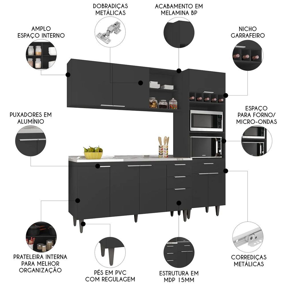 Armário de Cozinha CP02 Com Pia 150cm Pérola Z34 Preto      - Mpozenato