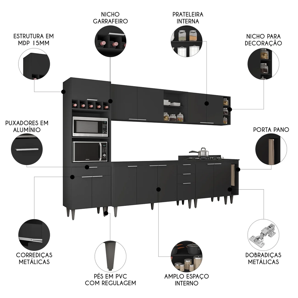 Armário de Cozinha CP07 Para Pia 150cm Pérola Z34 Preto     - Mpozenato