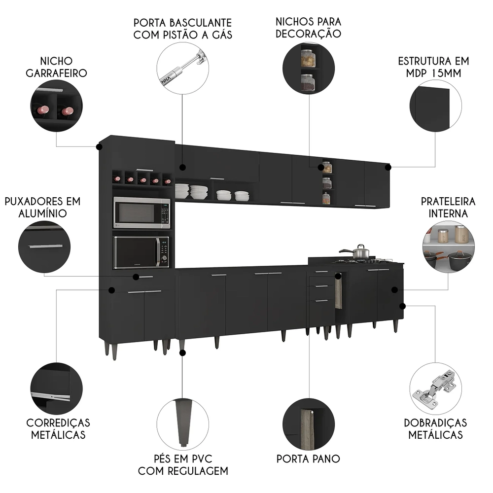 Armário de Cozinha CP07 Para Pia 180cm Pérola Z34 Preto     - Mpozenato