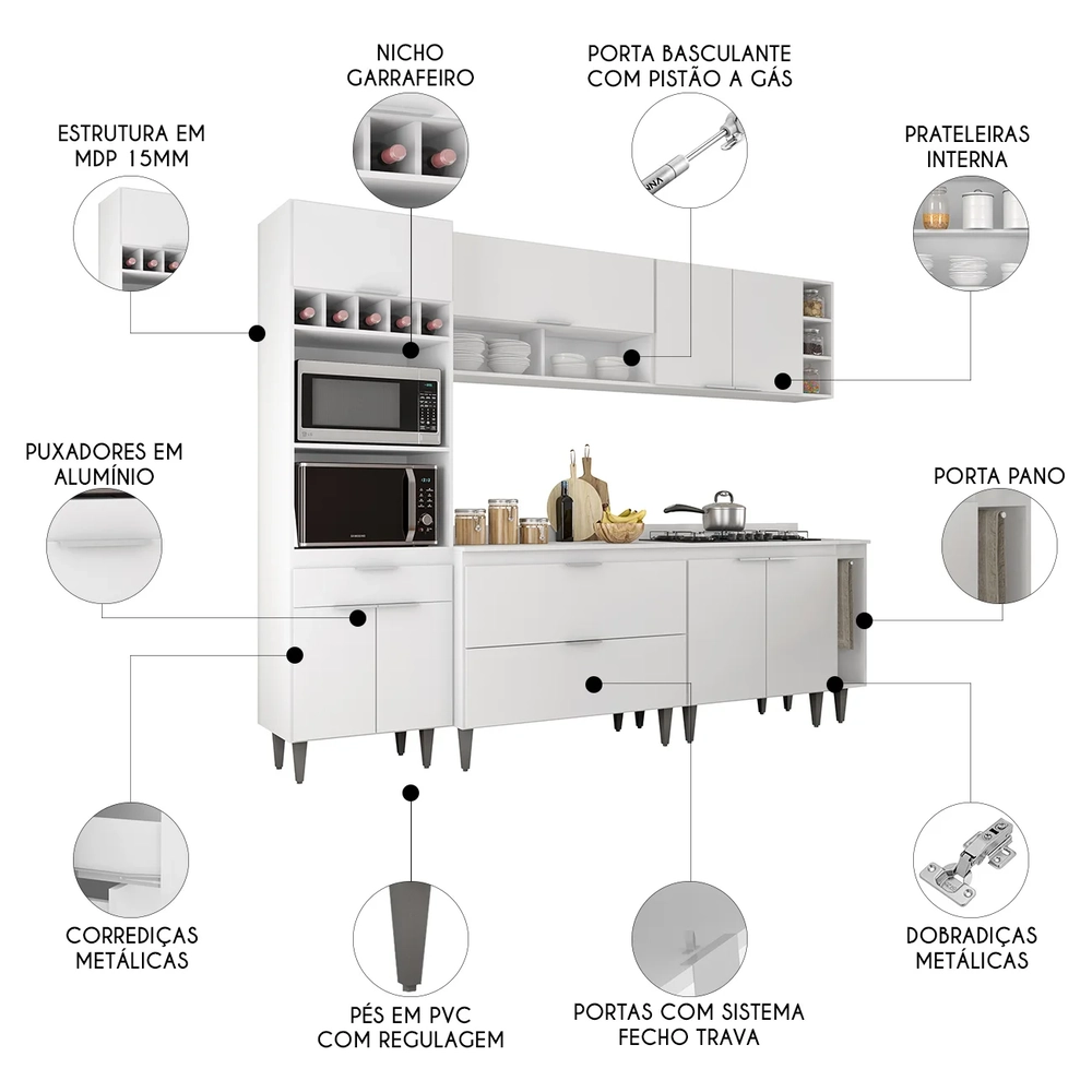 Armário de Cozinha Com Tampo CP07 260cm Pérola Branco Z34     - Mpozenato