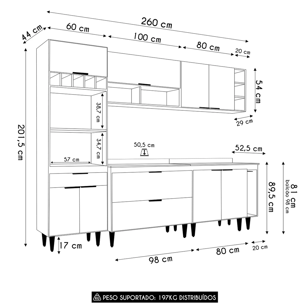 Armário de Cozinha Com Tampo CP07 260cm Pérola Branco Z34     - Mpozenato
