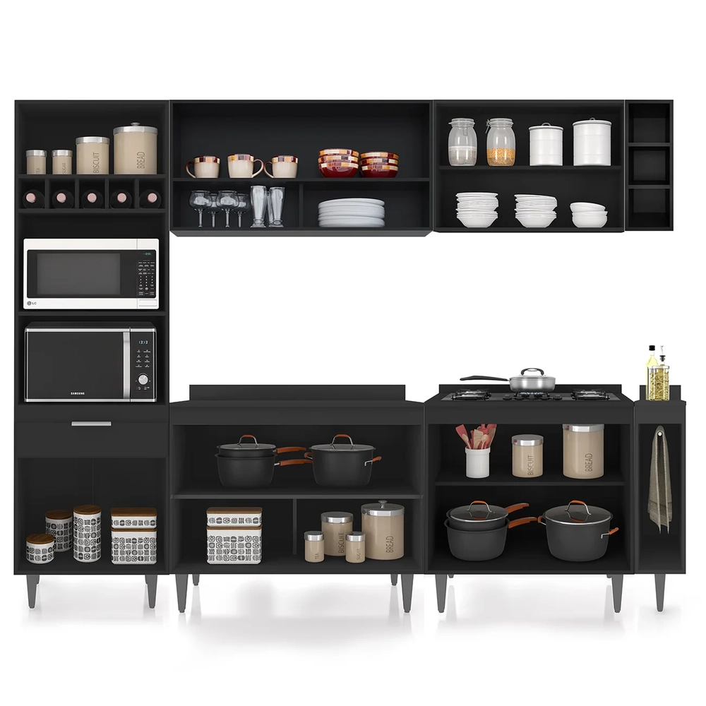 Armário de Cozinha Com Tampo CP07 260cm Pérola Preto Z34      - Mpozenato