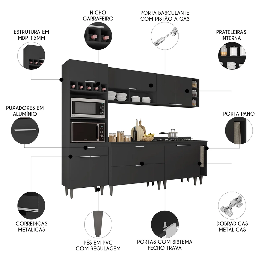 Armário de Cozinha Com Tampo CP07 260cm Pérola Preto Z34      - Mpozenato