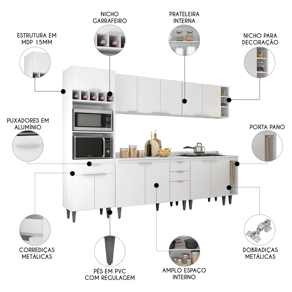 Armário de Cozinha Com Tampo CP07 280cm Pérola Branco Z34     - Mpozenato