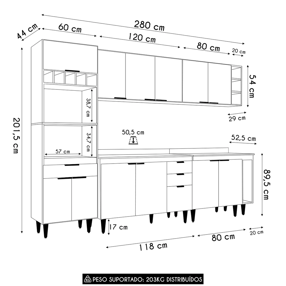 Armário de Cozinha Com Tampo CP07 280cm Pérola Branco Z34     - Mpozenato