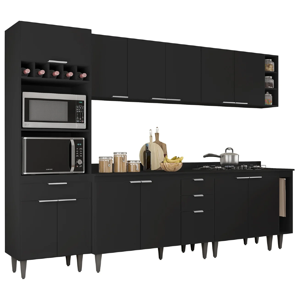 Armário de Cozinha Com Tampo CP07 280cm Pérola Preto Z34 - Mpozenato