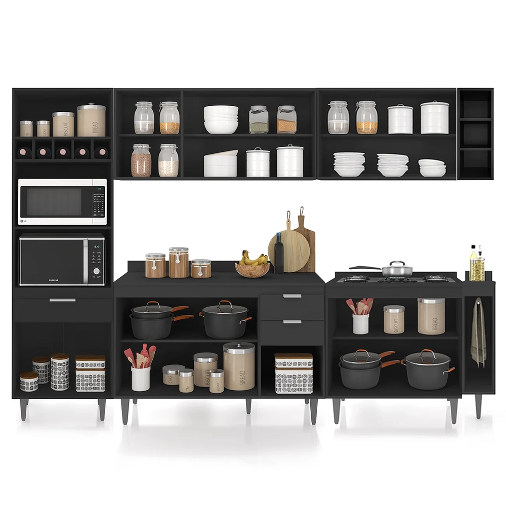 Armário de Cozinha Com Tampo CP07 280cm Pérola Preto Z34      - Mpozenato