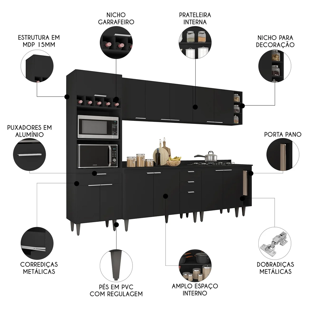 Armário de Cozinha Com Tampo CP07 280cm Pérola Preto Z34      - Mpozenato