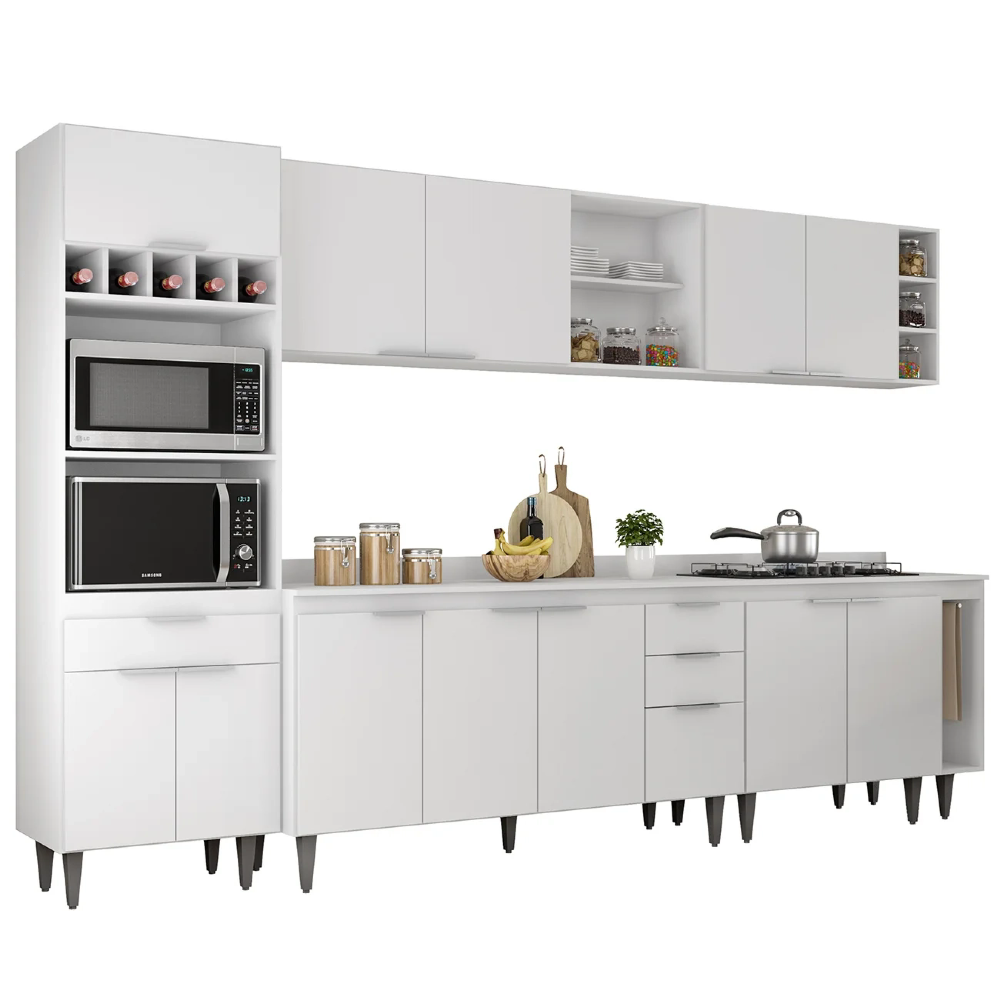 Armário de Cozinha Com Tampo CP07 310cm Pérola Branco Z34 - Mpozenato