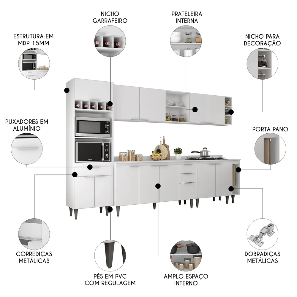 Armário de Cozinha Com Tampo CP07 310cm Pérola Branco Z34     - Mpozenato