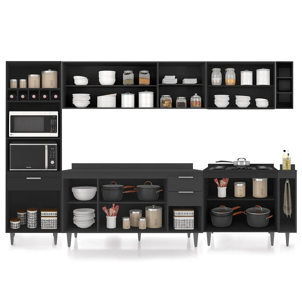 Armário de Cozinha Com Tampo CP07 310cm Pérola Preto Z34      - Mpozenato