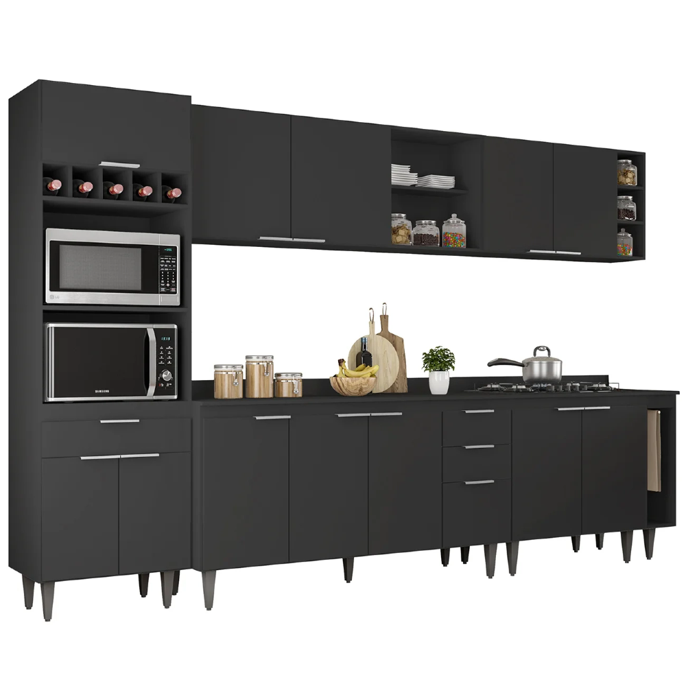 Armário de Cozinha Com Tampo CP07 310cm Pérola Preto Z34 - Mpozenato