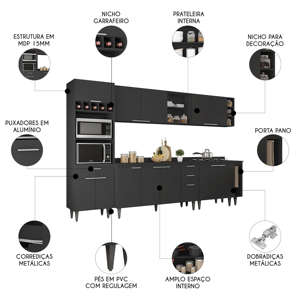 Armário de Cozinha Com Tampo CP07 310cm Pérola Preto Z34      - Mpozenato