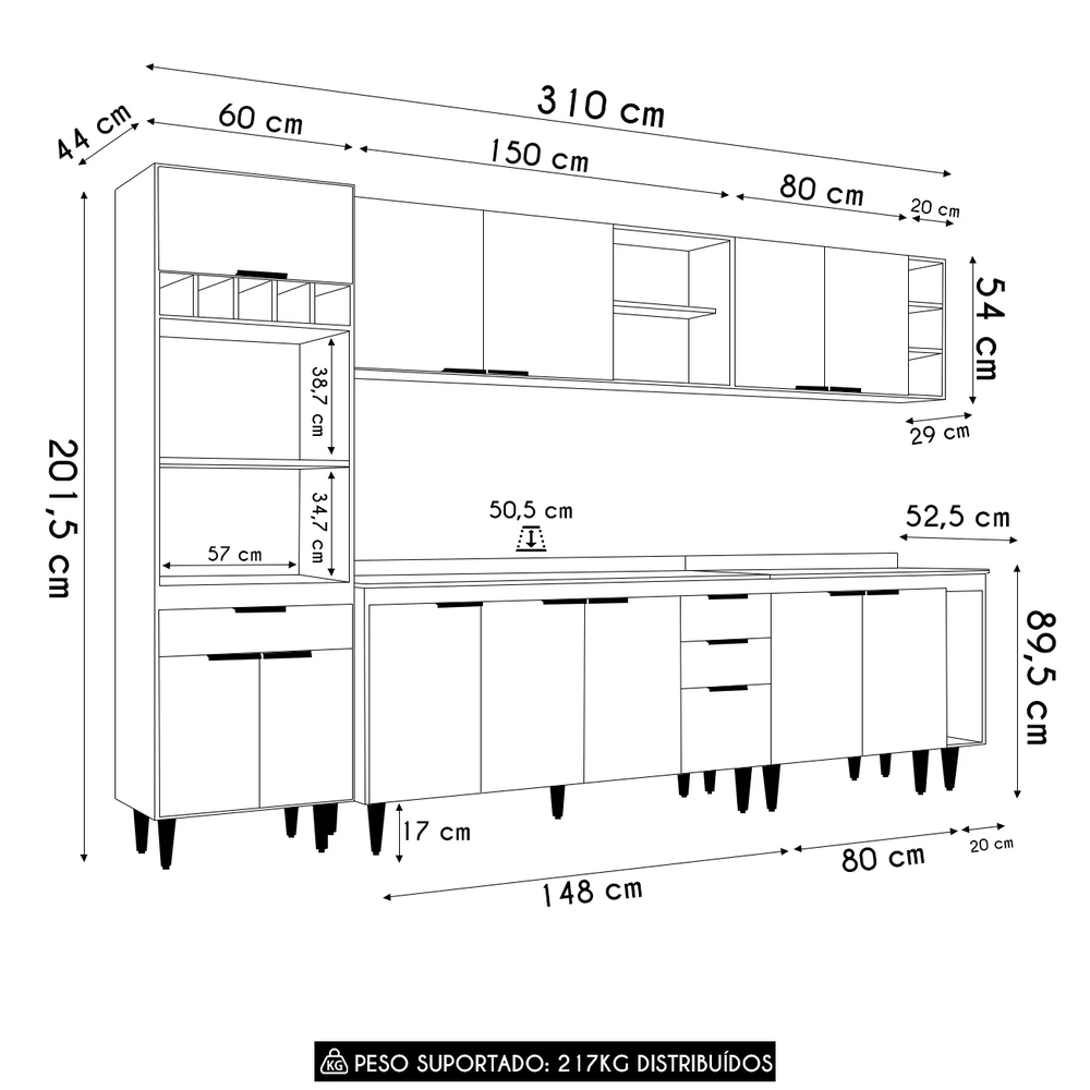 Armário de Cozinha Com Tampo CP07 310cm Pérola Preto Z34      - Mpozenato