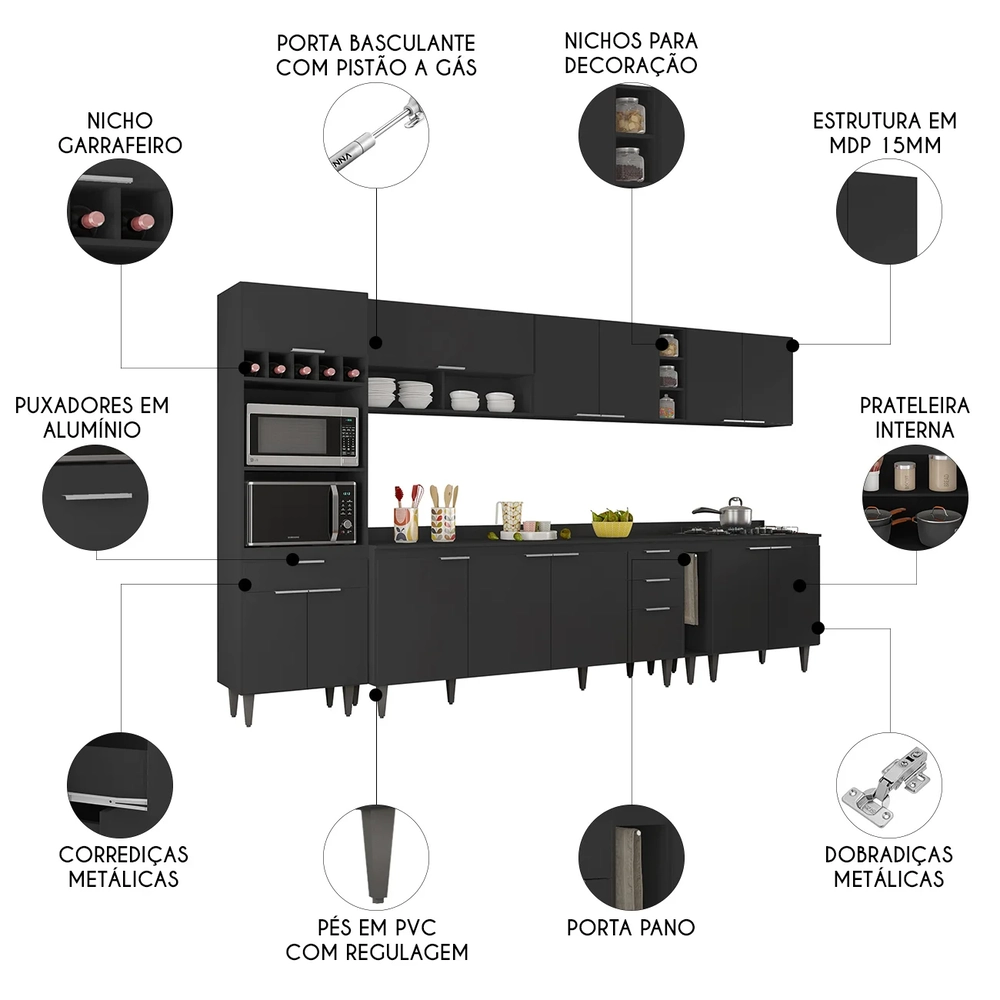 Armário de Cozinha Com Tampo CP07 340cm Pérola Preto Z34      - Mpozenato