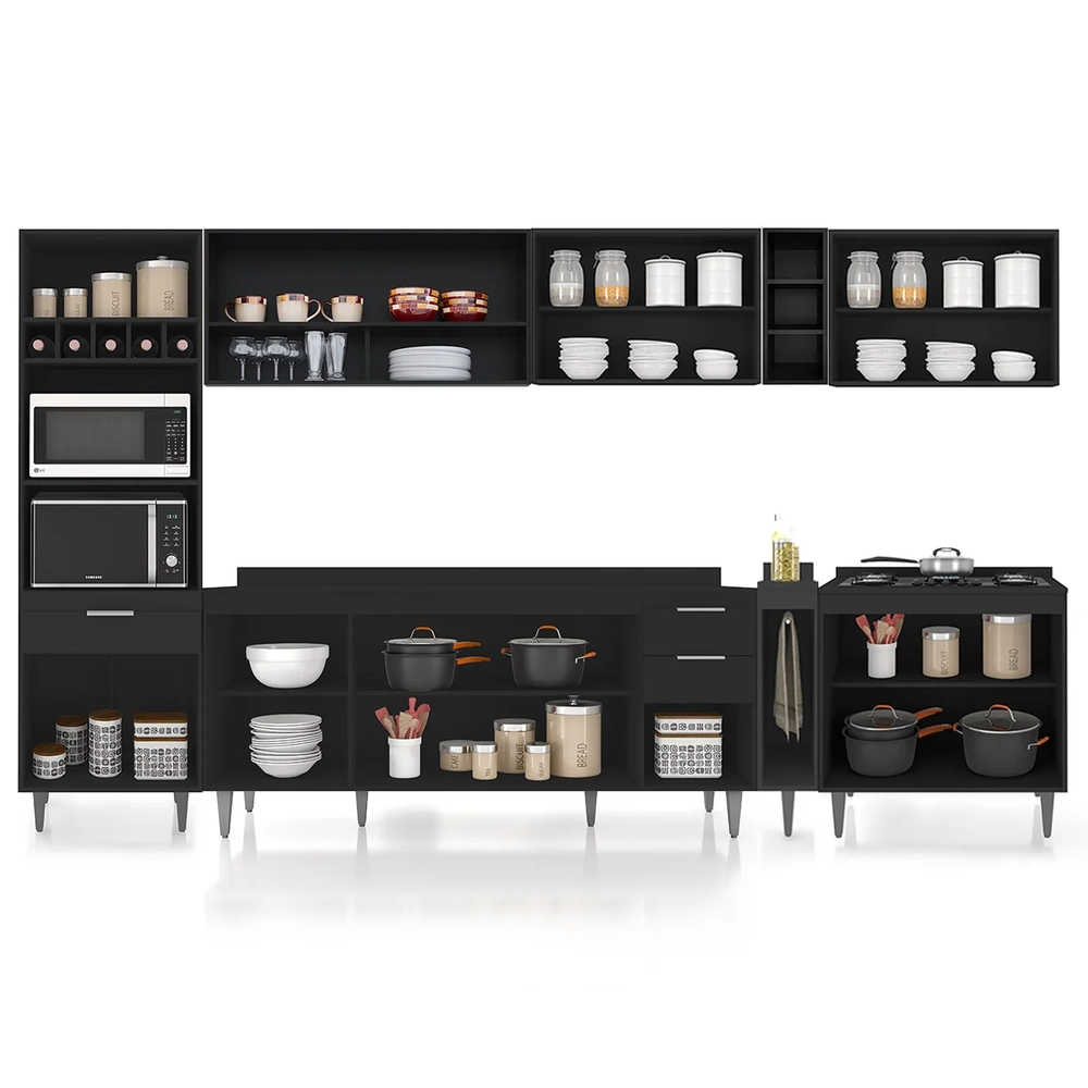 Armário de Cozinha Com Tampo CP07 340cm Pérola Preto Z34      - Mpozenato