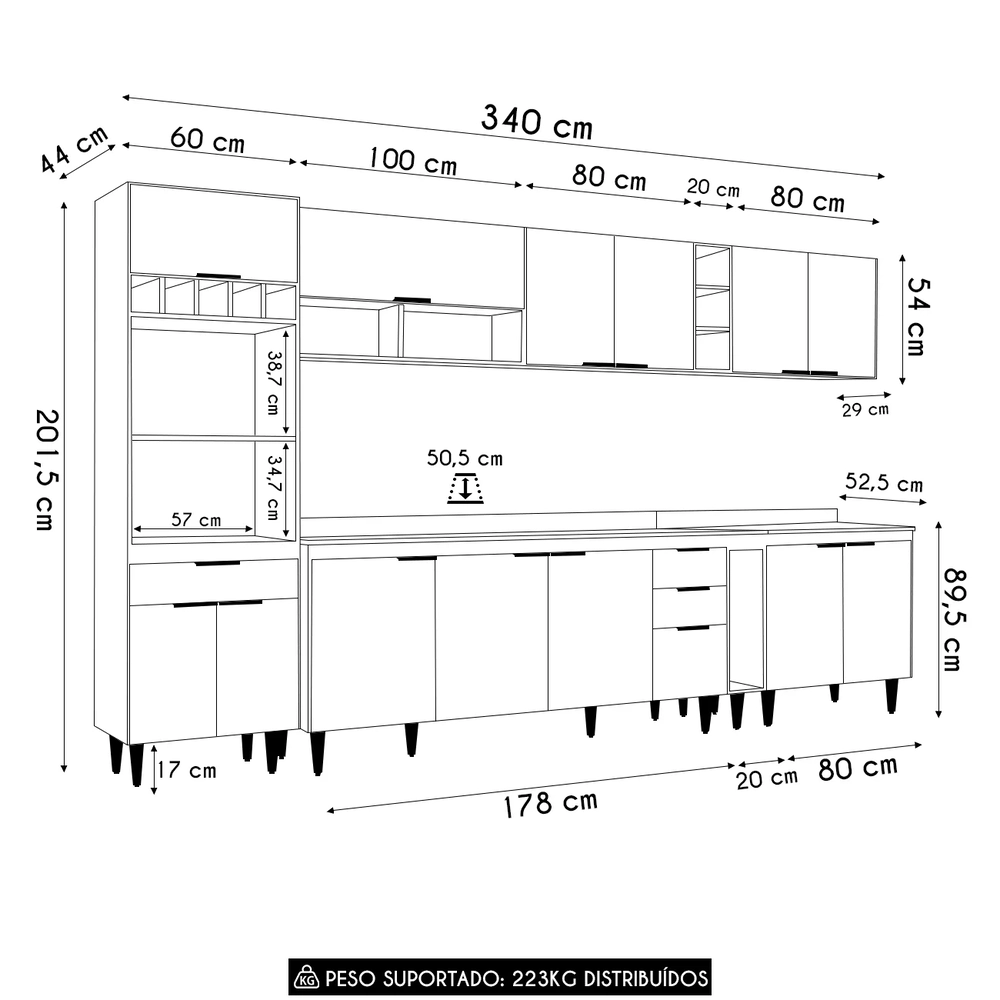 Armário de Cozinha Com Tampo CP07 340cm Pérola Preto Z34      - Mpozenato