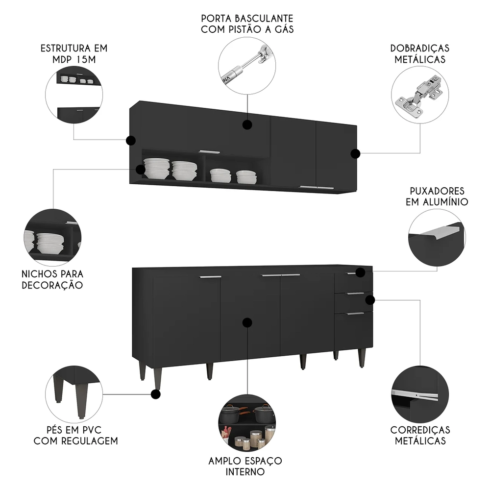 Armário de Cozinha CP01 Para Pia 180cm Pérola Z34 Preto     - Mpozenato