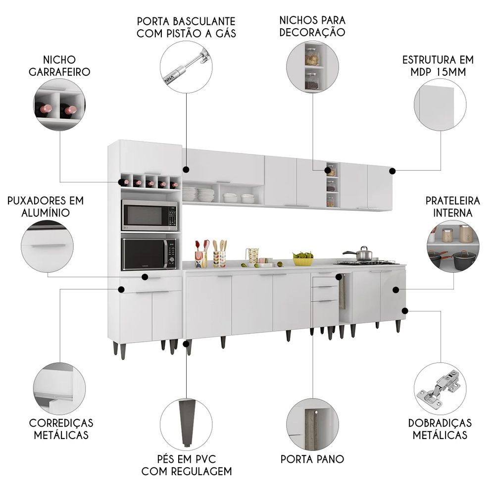 Armário de Cozinha Com Tampo CP07 340cm Pérola Branco Z34     - Mpozenato