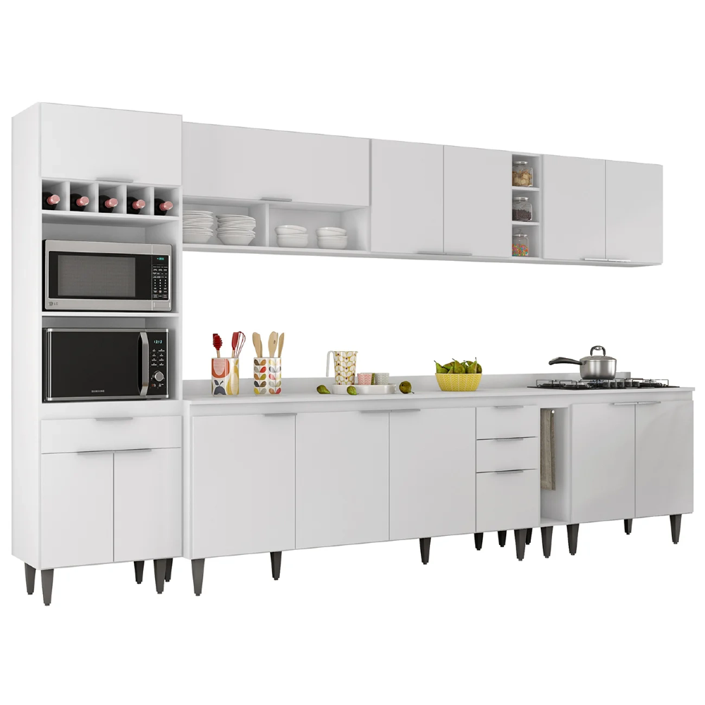 Armário de Cozinha Com Tampo CP07 340cm Pérola Branco Z34 - Mpozenato