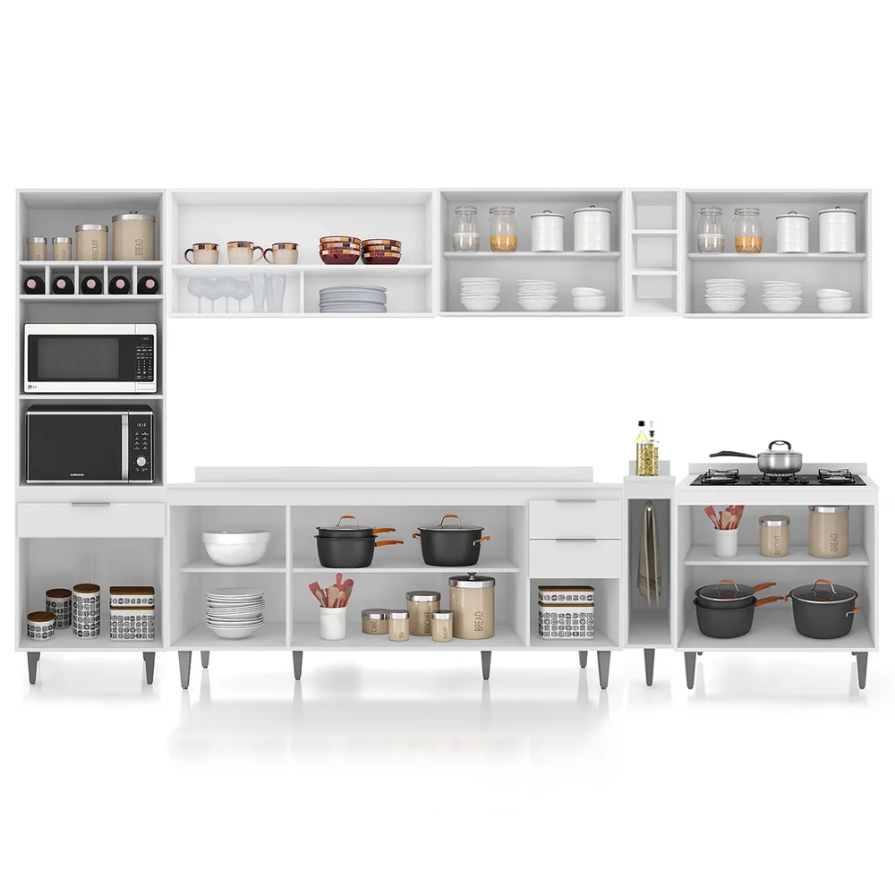 Armário de Cozinha Com Tampo CP07 340cm Pérola Branco Z34     - Mpozenato