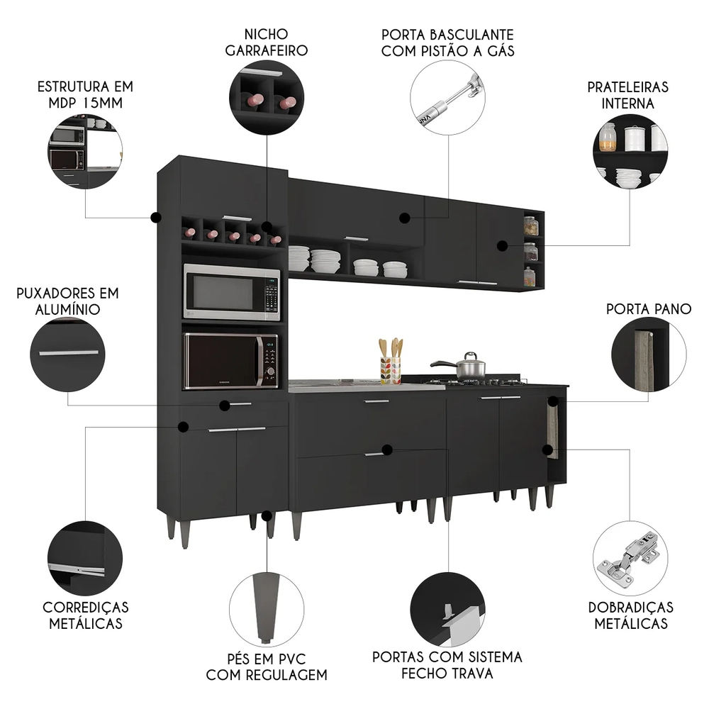 Armário de Cozinha CP07 Com Pia 100cm Pérola Z34 Preto      - Mpozenato